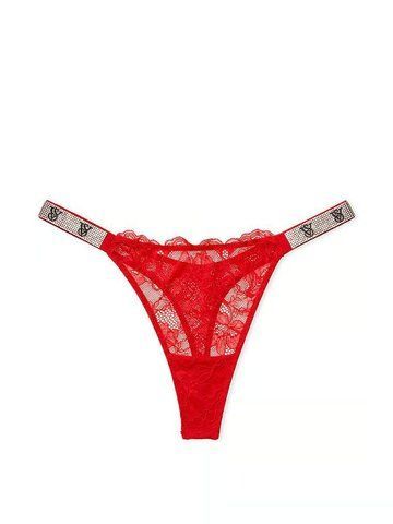 Трусики Victoria's Secret стрінги зі стразами мереживні червоні / Shine 2109022600 фото