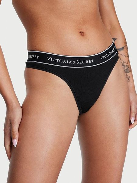 Трусики Victoria's Secret стринги черные / Logo Cotton Thong Panty 1744273990 фото